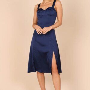 Petal & Pup Midi Dress Navy Blue Sweetheart Neckline Satin Siobhan NEW